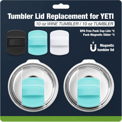 10 oz 295 ml Tumbler Lids,Magnetic Tumbler Lid Replacement for Travel Coffee Mug,BPA Free 2 Pack Black Tumbler Lids & 3 Pack Magnetic Slider