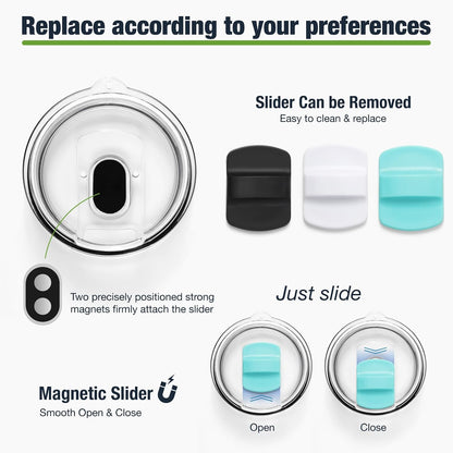 10 oz 295 ml Tumbler Lids,Magnetic Tumbler Lid Replacement for Travel Coffee Mug,BPA Free 2 Pack Black Tumbler Lids & 3 Pack Magnetic Slider
