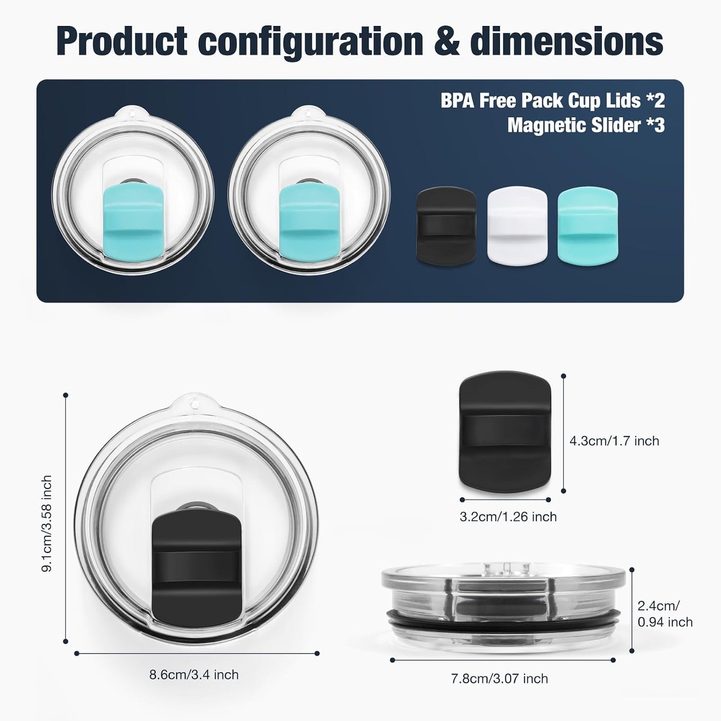 10 oz 295 ml Tumbler Lids,Magnetic Tumbler Lid Replacement for Travel Coffee Mug,BPA Free 2 Pack Black Tumbler Lids & 3 Pack Magnetic Slider