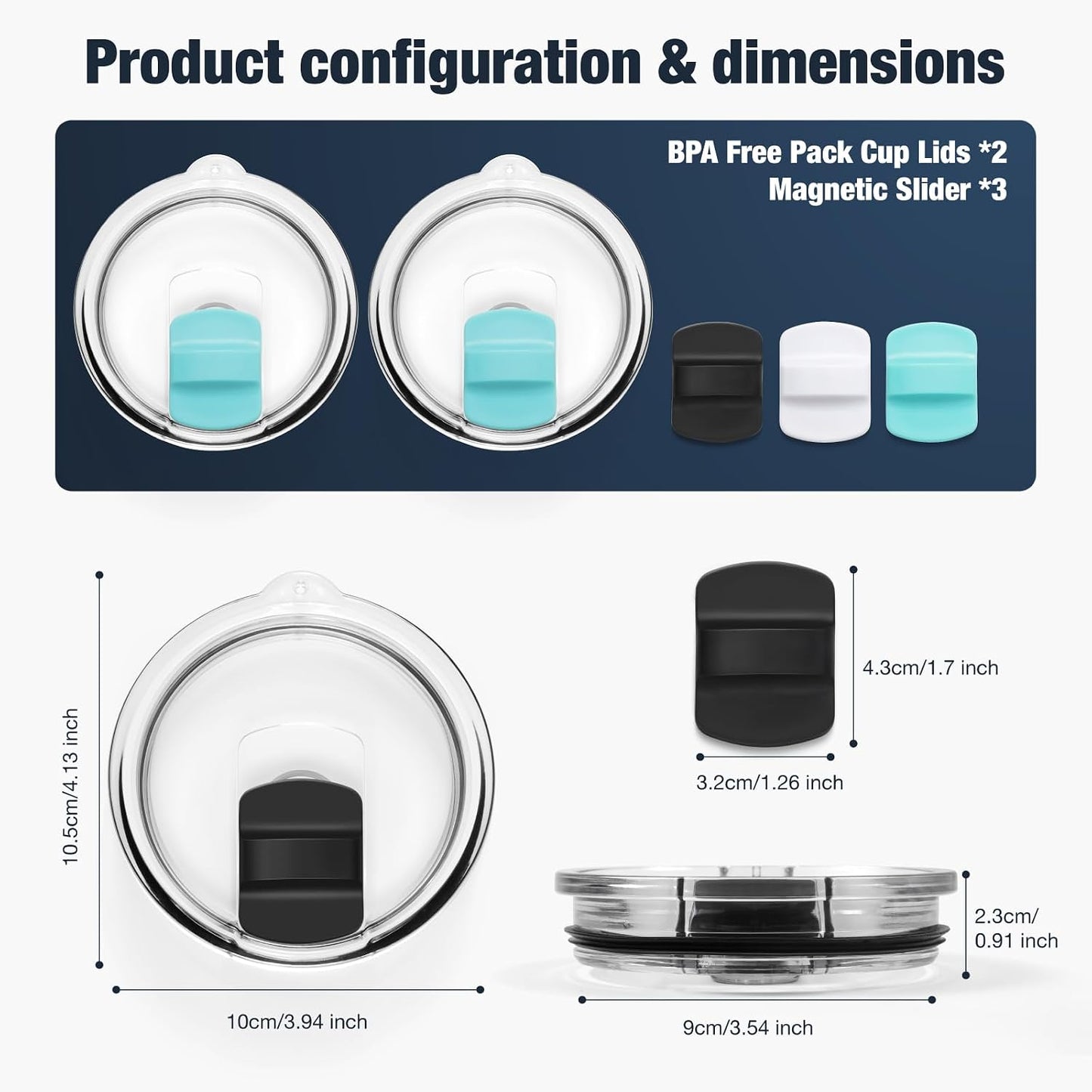10 oz 295 ml Tumbler Lids,Magnetic Tumbler Lid Replacement for Travel Coffee Mug,BPA Free 2 Pack Black Tumbler Lids & 3 Pack Magnetic Slider