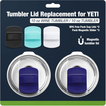 10 oz 295 ml Tumbler Lids,Magnetic Tumbler Lid Replacement for Travel Coffee Mug,BPA Free 2 Pack Black Tumbler Lids & 3 Pack Magnetic Slider