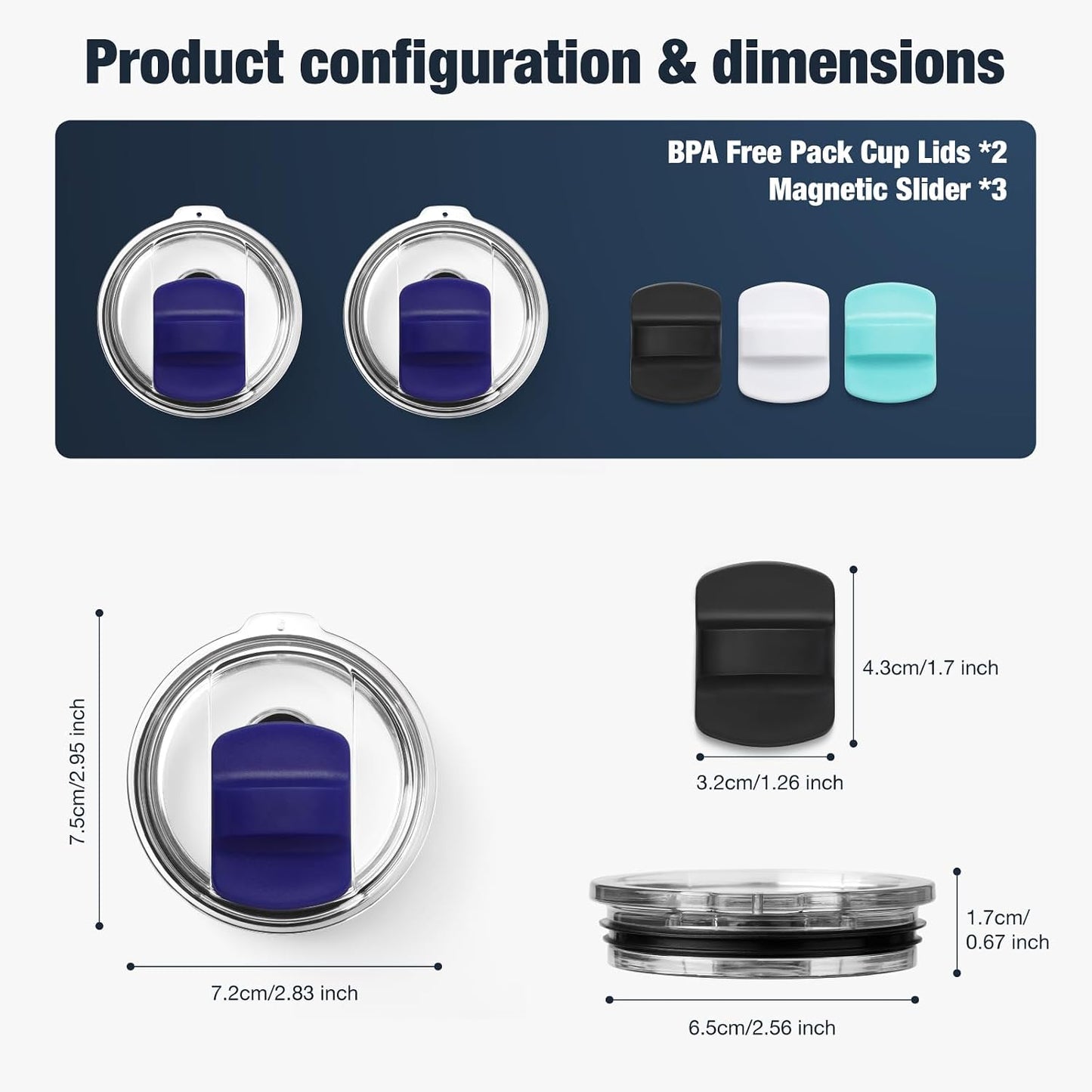 10 oz 295 ml Tumbler Lids,Magnetic Tumbler Lid Replacement for Travel Coffee Mug,BPA Free 2 Pack Black Tumbler Lids & 3 Pack Magnetic Slider