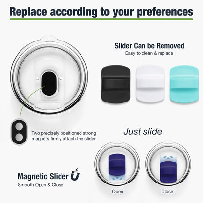 10 oz 295 ml Tumbler Lids,Magnetic Tumbler Lid Replacement for Travel Coffee Mug,BPA Free 2 Pack Black Tumbler Lids & 3 Pack Magnetic Slider