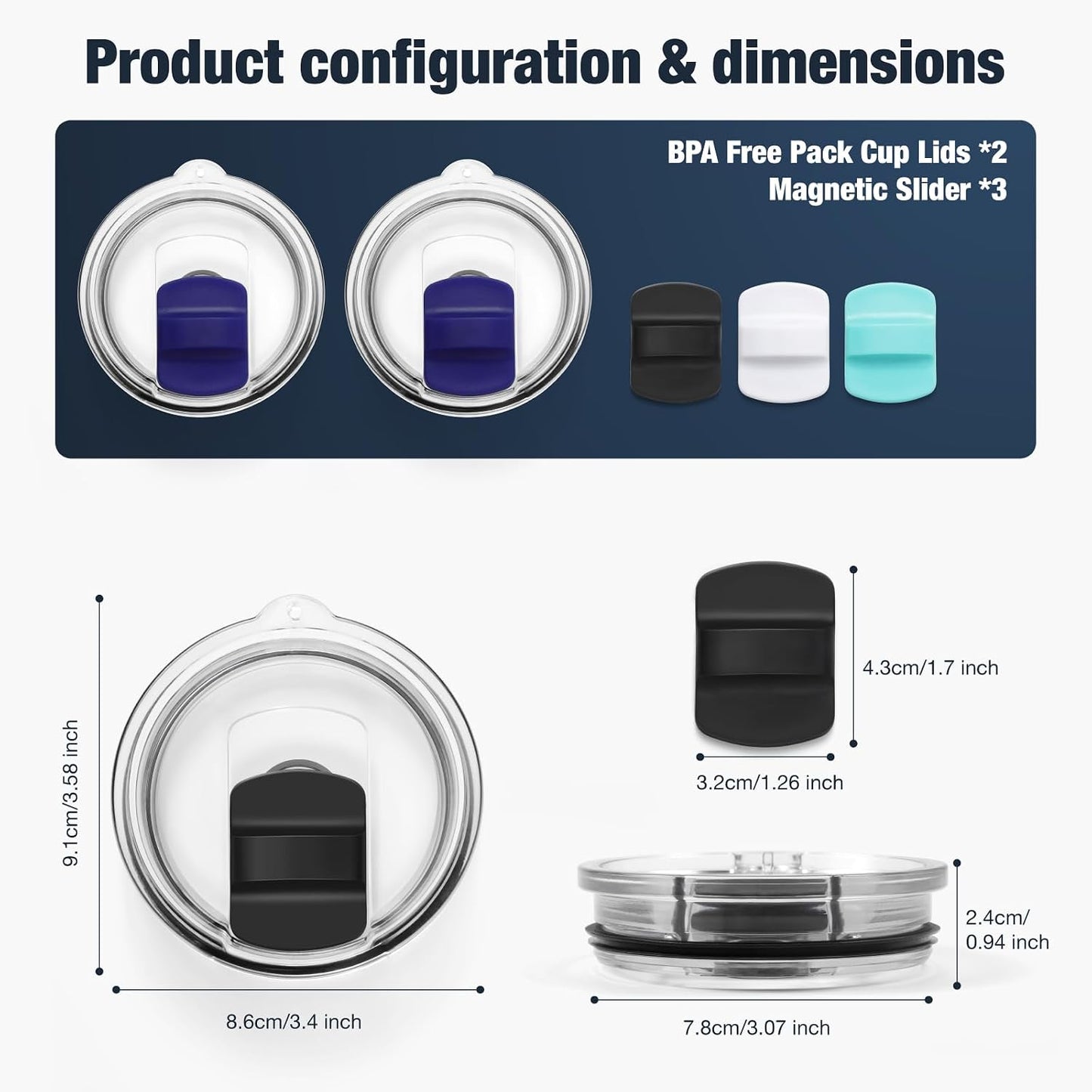 10 oz 295 ml Tumbler Lids,Magnetic Tumbler Lid Replacement for Travel Coffee Mug,BPA Free 2 Pack Black Tumbler Lids & 3 Pack Magnetic Slider
