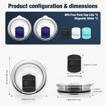 10 oz 295 ml Tumbler Lids,Magnetic Tumbler Lid Replacement for Travel Coffee Mug,BPA Free 2 Pack Black Tumbler Lids & 3 Pack Magnetic Slider