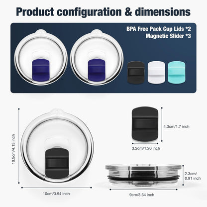 10 oz 295 ml Tumbler Lids,Magnetic Tumbler Lid Replacement for Travel Coffee Mug,BPA Free 2 Pack Black Tumbler Lids & 3 Pack Magnetic Slider
