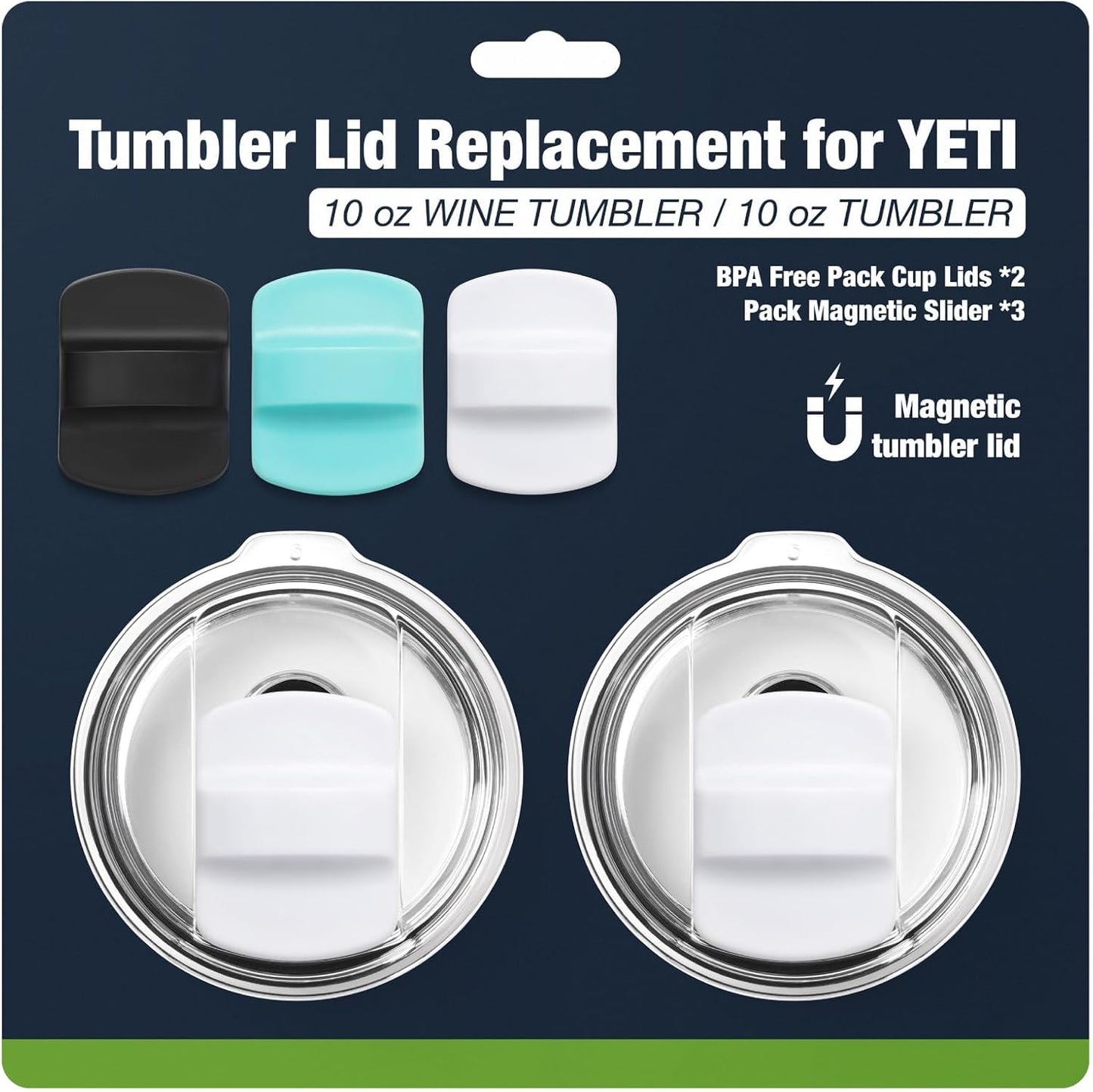 10 oz 295 ml Tumbler Lids,Magnetic Tumbler Lid Replacement for Travel Coffee Mug,BPA Free 2 Pack Black Tumbler Lids & 3 Pack Magnetic Slider