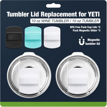 10 oz 295 ml Tumbler Lids,Magnetic Tumbler Lid Replacement for Travel Coffee Mug,BPA Free 2 Pack Black Tumbler Lids & 3 Pack Magnetic Slider