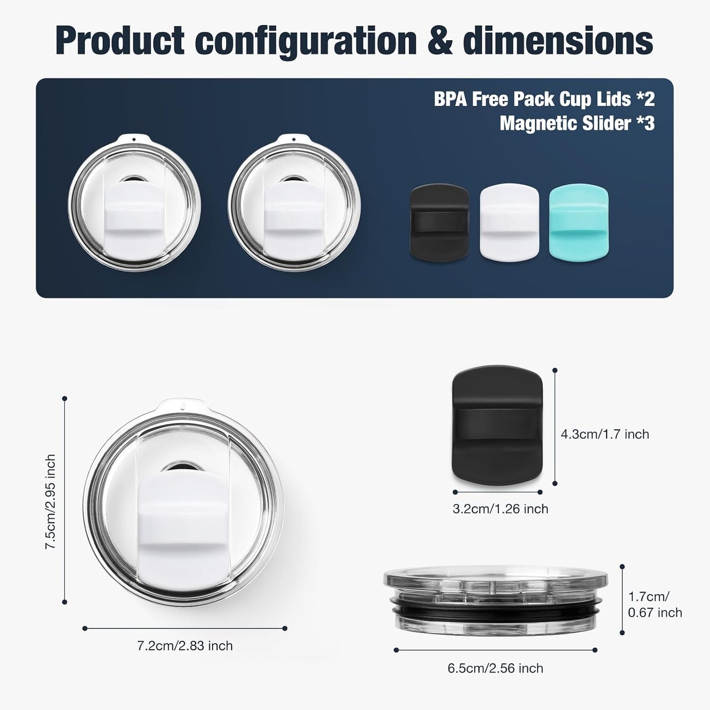 10 oz 295 ml Tumbler Lids,Magnetic Tumbler Lid Replacement for Travel Coffee Mug,BPA Free 2 Pack Black Tumbler Lids & 3 Pack Magnetic Slider