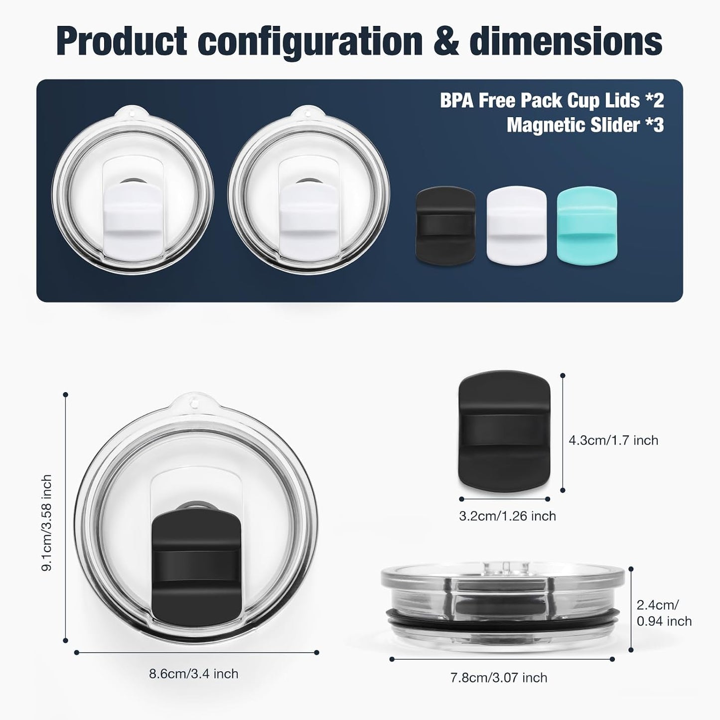 10 oz 295 ml Tumbler Lids,Magnetic Tumbler Lid Replacement for Travel Coffee Mug,BPA Free 2 Pack Black Tumbler Lids & 3 Pack Magnetic Slider