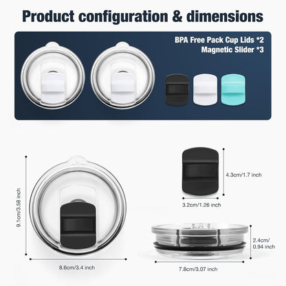 10 oz 295 ml Tumbler Lids,Magnetic Tumbler Lid Replacement for Travel Coffee Mug,BPA Free 2 Pack Black Tumbler Lids & 3 Pack Magnetic Slider