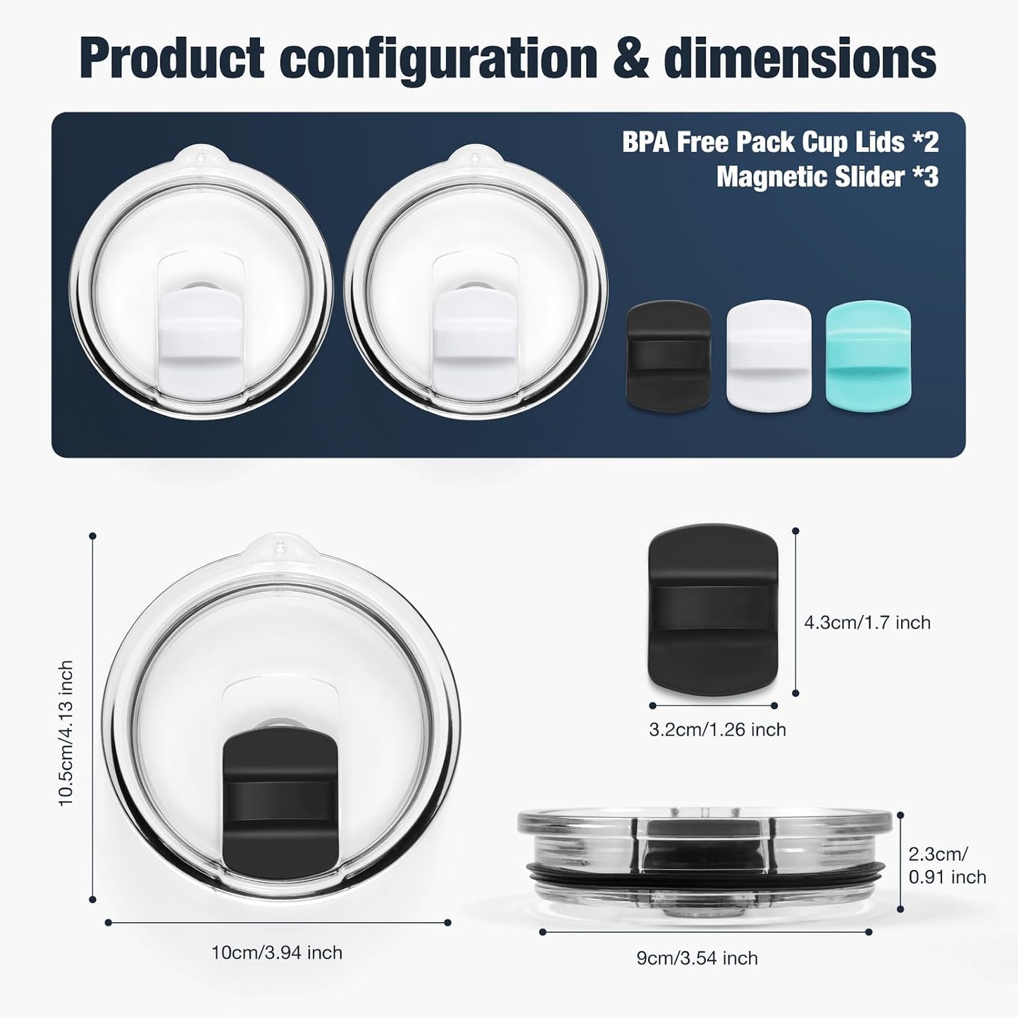 10 oz 295 ml Tumbler Lids,Magnetic Tumbler Lid Replacement for Travel Coffee Mug,BPA Free 2 Pack Black Tumbler Lids & 3 Pack Magnetic Slider
