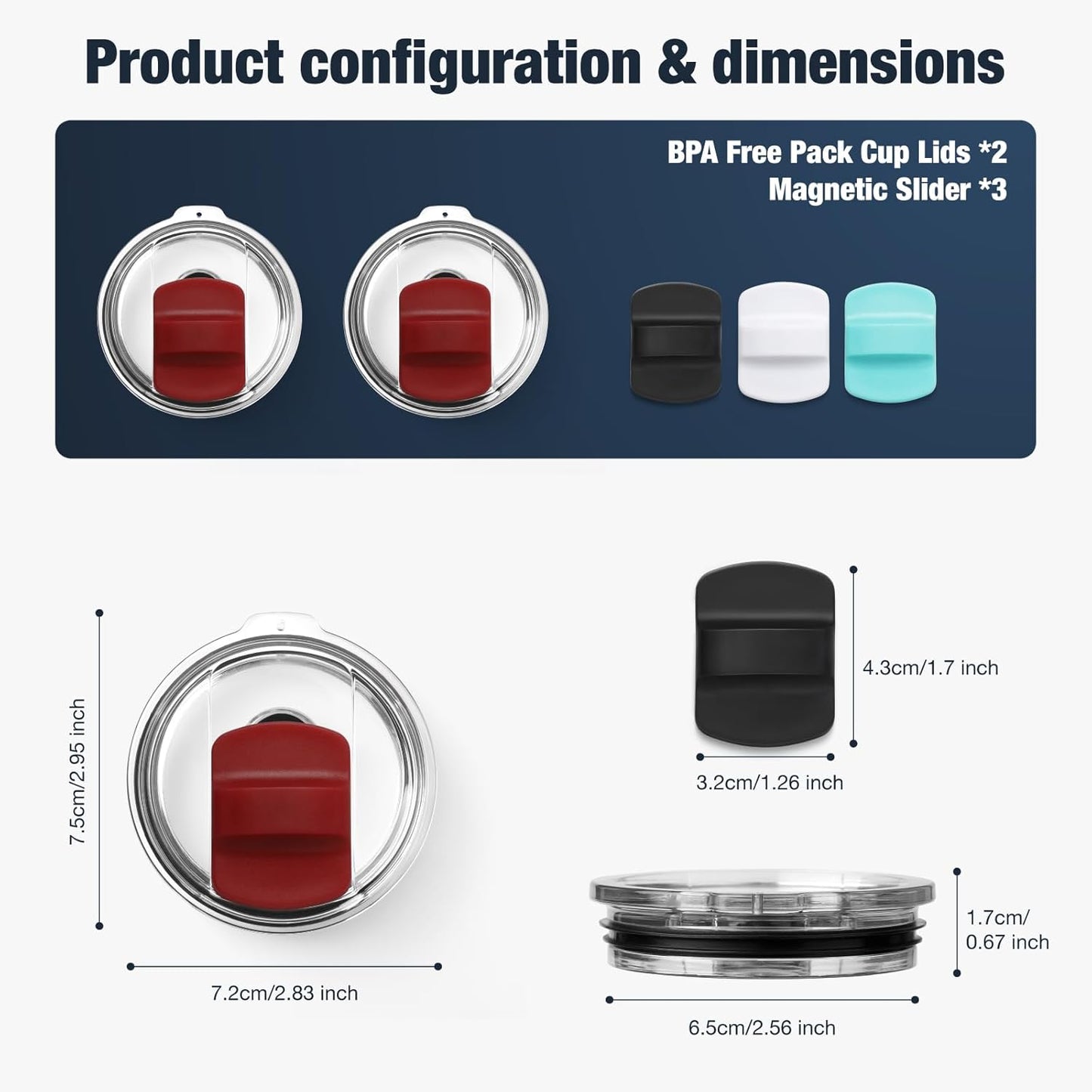 10 oz 295 ml Tumbler Lids,Magnetic Tumbler Lid Replacement for Travel Coffee Mug,BPA Free 2 Pack Black Tumbler Lids & 3 Pack Magnetic Slider