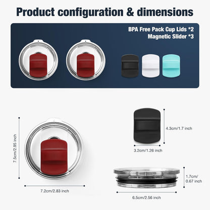 10 oz 295 ml Tumbler Lids,Magnetic Tumbler Lid Replacement for Travel Coffee Mug,BPA Free 2 Pack Black Tumbler Lids & 3 Pack Magnetic Slider