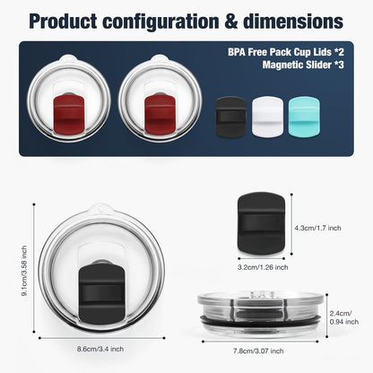 10 oz 295 ml Tumbler Lids,Magnetic Tumbler Lid Replacement for Travel Coffee Mug,BPA Free 2 Pack Black Tumbler Lids & 3 Pack Magnetic Slider
