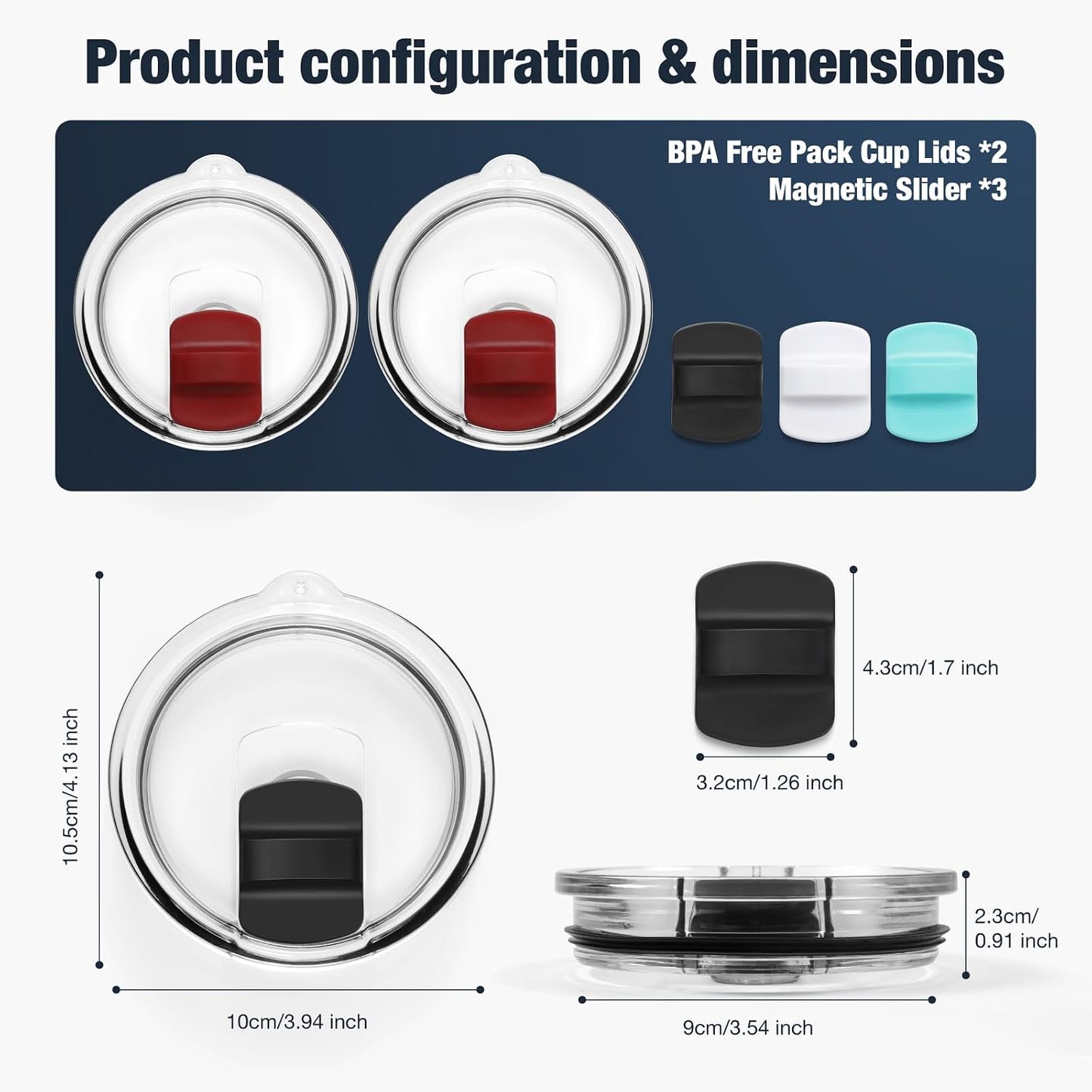 10 oz 295 ml Tumbler Lids,Magnetic Tumbler Lid Replacement for Travel Coffee Mug,BPA Free 2 Pack Black Tumbler Lids & 3 Pack Magnetic Slider