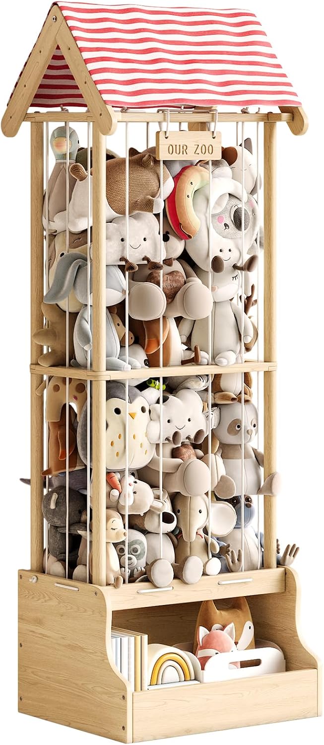 Stuffed Animal Storage Zoo with Wheels, Montessori-Inspired Solid Pine Wood Plush Toy Organizer, Tall Stuffed Animal Holder with Thick Elastic Cords for Kids Room, Nursery,and Bedroom,Large
