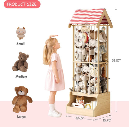 Stuffed Animal Storage Zoo with Wheels, Montessori-Inspired Solid Pine Wood Plush Toy Organizer, Tall Stuffed Animal Holder with Thick Elastic Cords for Kids Room, Nursery,and Bedroom,Large