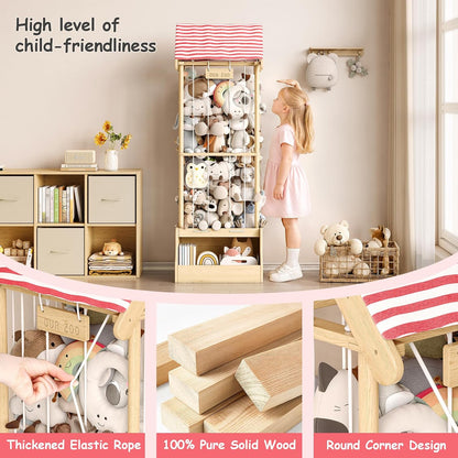 Stuffed Animal Storage Zoo with Wheels, Montessori-Inspired Solid Pine Wood Plush Toy Organizer, Tall Stuffed Animal Holder with Thick Elastic Cords for Kids Room, Nursery,and Bedroom,Large