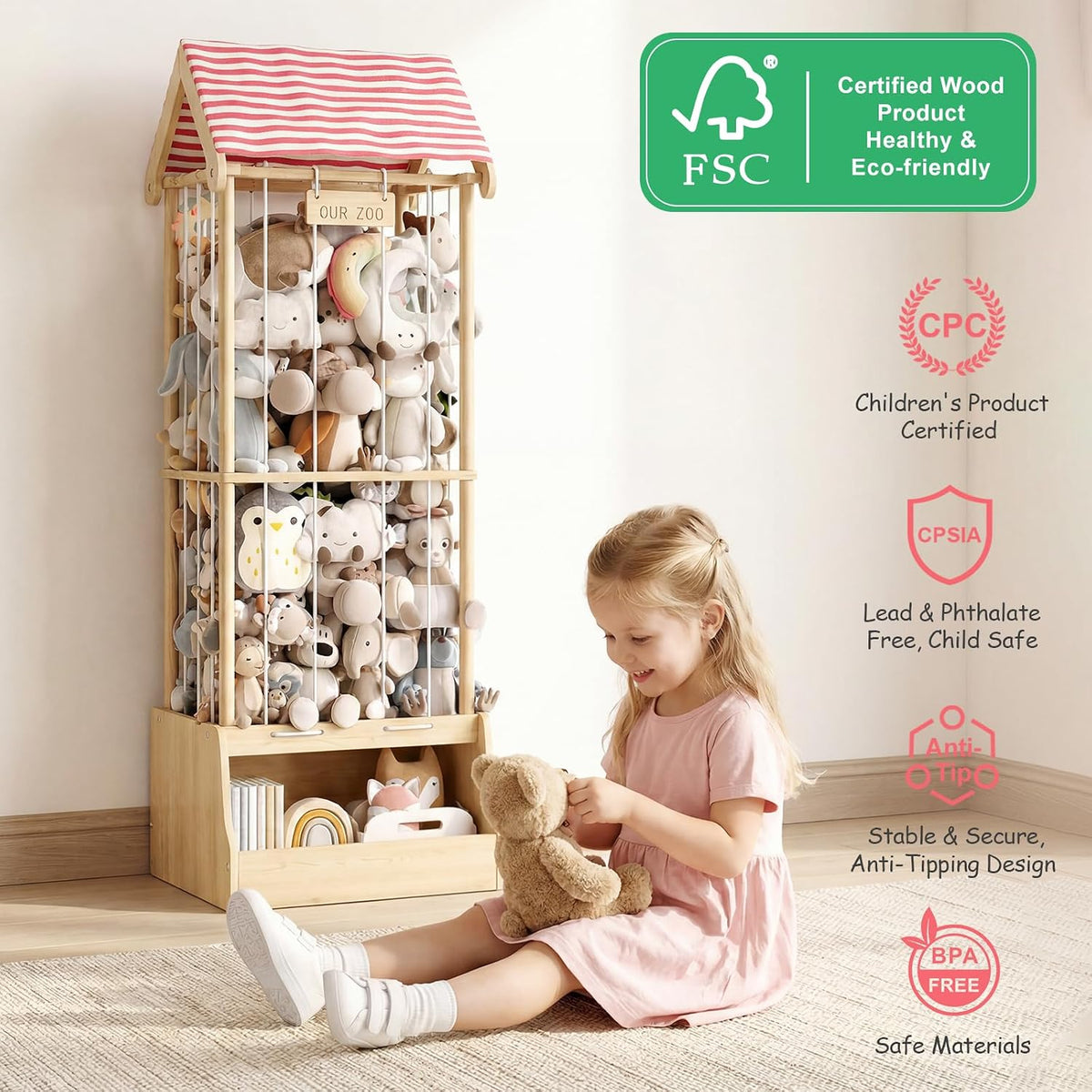 Stuffed Animal Storage Zoo with Wheels, Montessori-Inspired Solid Pine Wood Plush Toy Organizer, Tall Stuffed Animal Holder with Thick Elastic Cords for Kids Room, Nursery,and Bedroom,Large