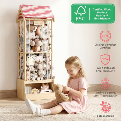 Stuffed Animal Storage Zoo with Wheels, Montessori-Inspired Solid Pine Wood Plush Toy Organizer, Tall Stuffed Animal Holder with Thick Elastic Cords for Kids Room, Nursery,and Bedroom,Large