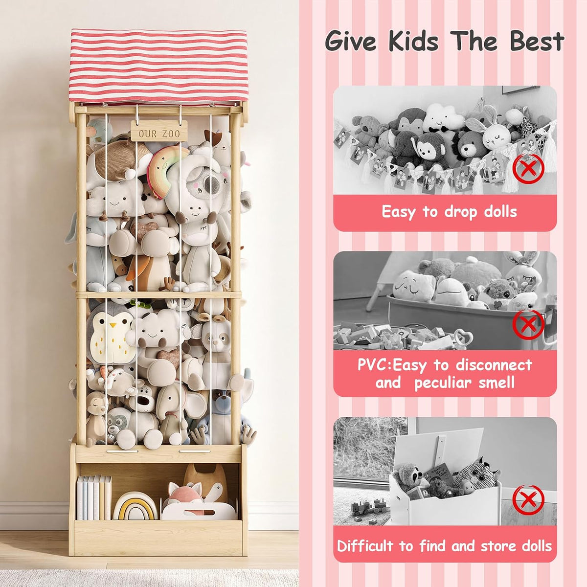 Stuffed Animal Storage Zoo with Wheels, Montessori-Inspired Solid Pine Wood Plush Toy Organizer, Tall Stuffed Animal Holder with Thick Elastic Cords for Kids Room, Nursery,and Bedroom,Large