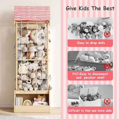 Stuffed Animal Storage Zoo with Wheels, Montessori-Inspired Solid Pine Wood Plush Toy Organizer, Tall Stuffed Animal Holder with Thick Elastic Cords for Kids Room, Nursery,and Bedroom,Large