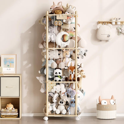 Stuffed Animal Storage Zoo with Wheels, Montessori-Inspired Solid Pine Wood Plush Toy Organizer, Tall Stuffed Animal Holder with Thick Elastic Cords for Kids Room, Nursery,and Bedroom,Large