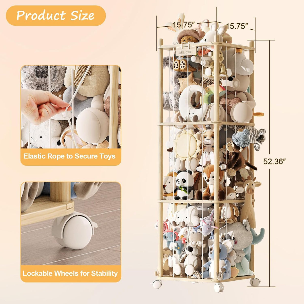Stuffed Animal Storage Zoo with Wheels, Montessori-Inspired Solid Pine Wood Plush Toy Organizer, Tall Stuffed Animal Holder with Thick Elastic Cords for Kids Room, Nursery,and Bedroom,Large