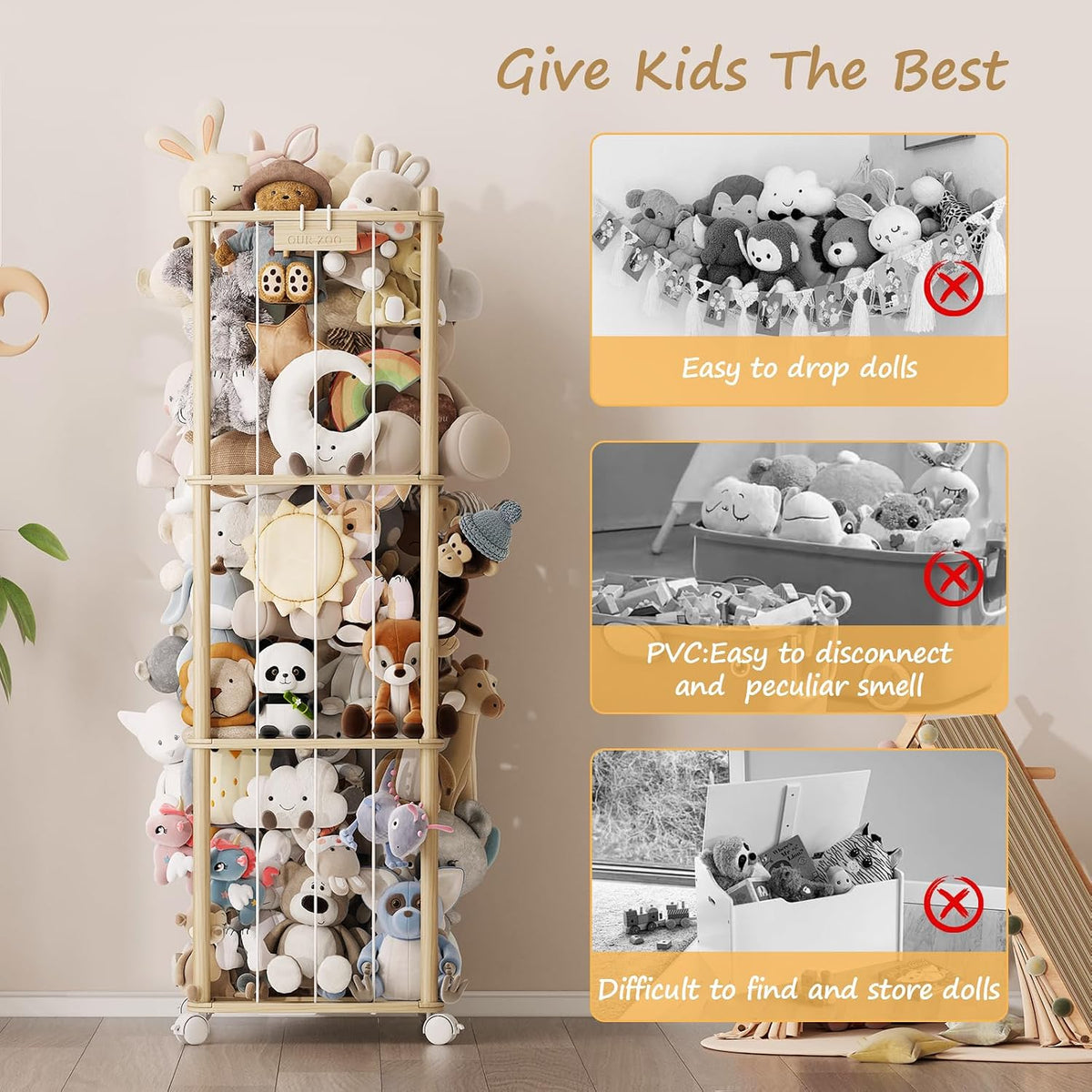 Stuffed Animal Storage Zoo with Wheels, Montessori-Inspired Solid Pine Wood Plush Toy Organizer, Tall Stuffed Animal Holder with Thick Elastic Cords for Kids Room, Nursery,and Bedroom,Large