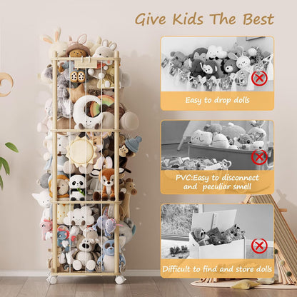Stuffed Animal Storage Zoo with Wheels, Montessori-Inspired Solid Pine Wood Plush Toy Organizer, Tall Stuffed Animal Holder with Thick Elastic Cords for Kids Room, Nursery,and Bedroom,Large