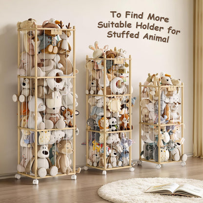 Stuffed Animal Storage Zoo with Wheels, Montessori-Inspired Solid Pine Wood Plush Toy Organizer, Tall Stuffed Animal Holder with Thick Elastic Cords for Kids Room, Nursery,and Bedroom,Large
