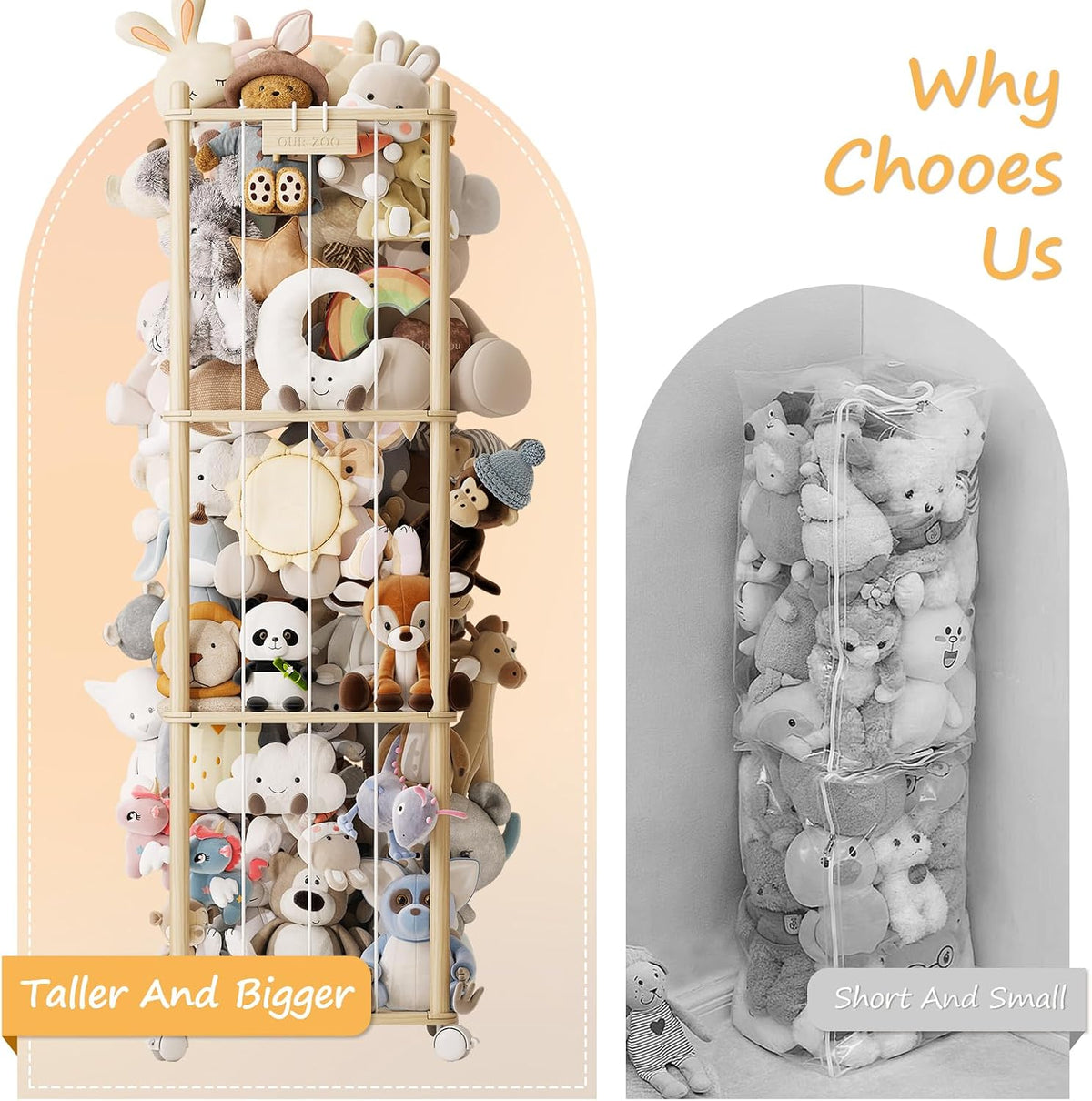 Stuffed Animal Storage Zoo with Wheels, Montessori-Inspired Solid Pine Wood Plush Toy Organizer, Tall Stuffed Animal Holder with Thick Elastic Cords for Kids Room, Nursery,and Bedroom,Large