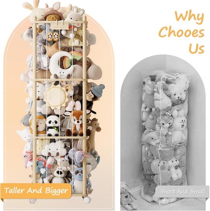 Stuffed Animal Storage Zoo with Wheels, Montessori-Inspired Solid Pine Wood Plush Toy Organizer, Tall Stuffed Animal Holder with Thick Elastic Cords for Kids Room, Nursery,and Bedroom,Large