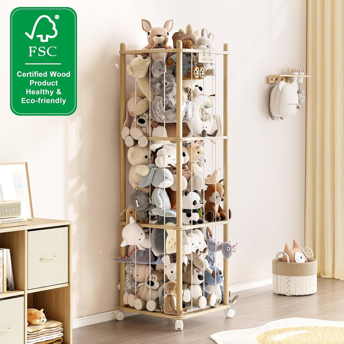 Stuffed Animal Storage Zoo with Wheels, Montessori-Inspired Solid Pine Wood Plush Toy Organizer, Tall Stuffed Animal Holder with Thick Elastic Cords for Kids Room, Nursery,and Bedroom,Large