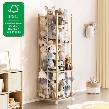 Stuffed Animal Storage Zoo with Wheels, Montessori-Inspired Solid Pine Wood Plush Toy Organizer, Tall Stuffed Animal Holder with Thick Elastic Cords for Kids Room, Nursery,and Bedroom,Large