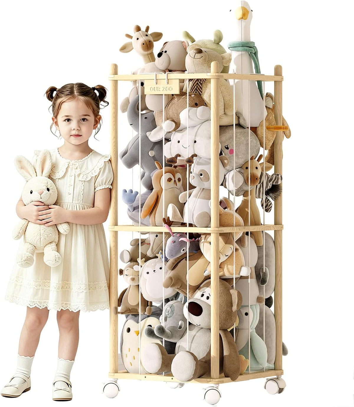 Stuffed Animal Storage Zoo with Wheels, Montessori-Inspired Solid Pine Wood Plush Toy Organizer, Tall Stuffed Animal Holder with Thick Elastic Cords for Kids Room, Nursery,and Bedroom,Large