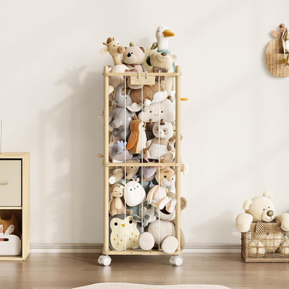 Stuffed Animal Storage Zoo with Wheels, Montessori-Inspired Solid Pine Wood Plush Toy Organizer, Tall Stuffed Animal Holder with Thick Elastic Cords for Kids Room, Nursery,and Bedroom,Large