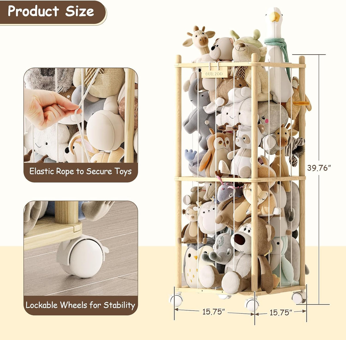 Stuffed Animal Storage Zoo with Wheels, Montessori-Inspired Solid Pine Wood Plush Toy Organizer, Tall Stuffed Animal Holder with Thick Elastic Cords for Kids Room, Nursery,and Bedroom,Large