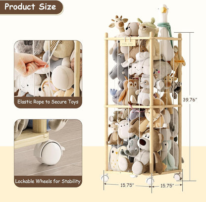 Stuffed Animal Storage Zoo with Wheels, Montessori-Inspired Solid Pine Wood Plush Toy Organizer, Tall Stuffed Animal Holder with Thick Elastic Cords for Kids Room, Nursery,and Bedroom,Large