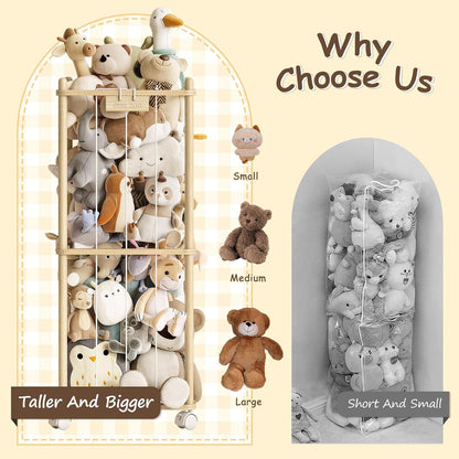 Stuffed Animal Storage Zoo with Wheels, Montessori-Inspired Solid Pine Wood Plush Toy Organizer, Tall Stuffed Animal Holder with Thick Elastic Cords for Kids Room, Nursery,and Bedroom,Large