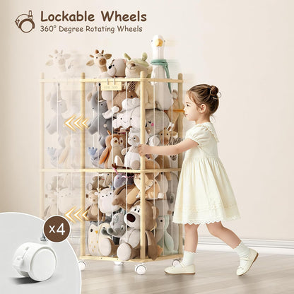 Stuffed Animal Storage Zoo with Wheels, Montessori-Inspired Solid Pine Wood Plush Toy Organizer, Tall Stuffed Animal Holder with Thick Elastic Cords for Kids Room, Nursery,and Bedroom,Large