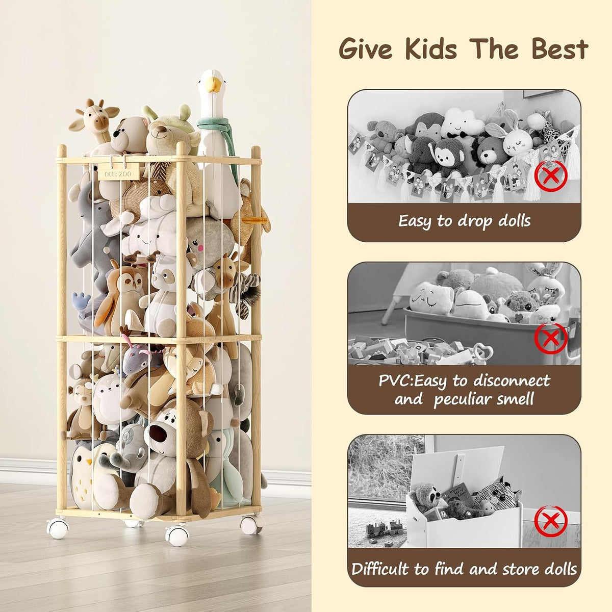 Stuffed Animal Storage Zoo with Wheels, Montessori-Inspired Solid Pine Wood Plush Toy Organizer, Tall Stuffed Animal Holder with Thick Elastic Cords for Kids Room, Nursery,and Bedroom,Large