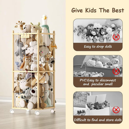 Stuffed Animal Storage Zoo with Wheels, Montessori-Inspired Solid Pine Wood Plush Toy Organizer, Tall Stuffed Animal Holder with Thick Elastic Cords for Kids Room, Nursery,and Bedroom,Large