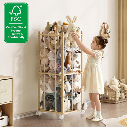 Stuffed Animal Storage Zoo with Wheels, Montessori-Inspired Solid Pine Wood Plush Toy Organizer, Tall Stuffed Animal Holder with Thick Elastic Cords for Kids Room, Nursery,and Bedroom,Large
