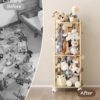 Stuffed Animal Storage Zoo with Wheels, Montessori-Inspired Solid Pine Wood Plush Toy Organizer, Tall Stuffed Animal Holder with Thick Elastic Cords for Kids Room, Nursery,and Bedroom,Large