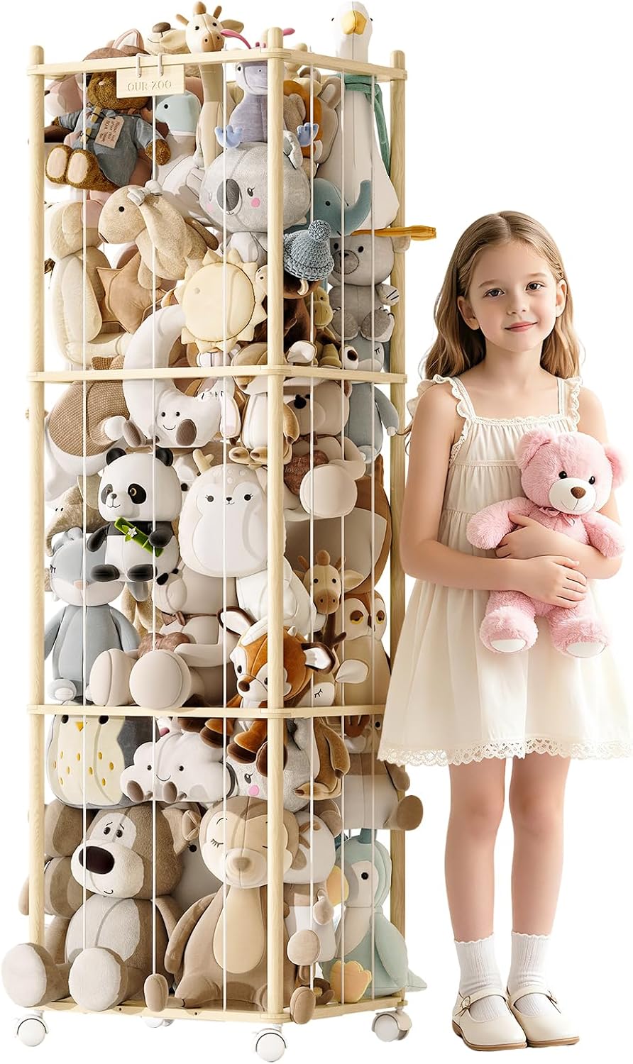 Stuffed Animal Storage Zoo with Wheels, Montessori-Inspired Solid Pine Wood Plush Toy Organizer, Tall Stuffed Animal Holder with Thick Elastic Cords for Kids Room, Nursery,and Bedroom,Large