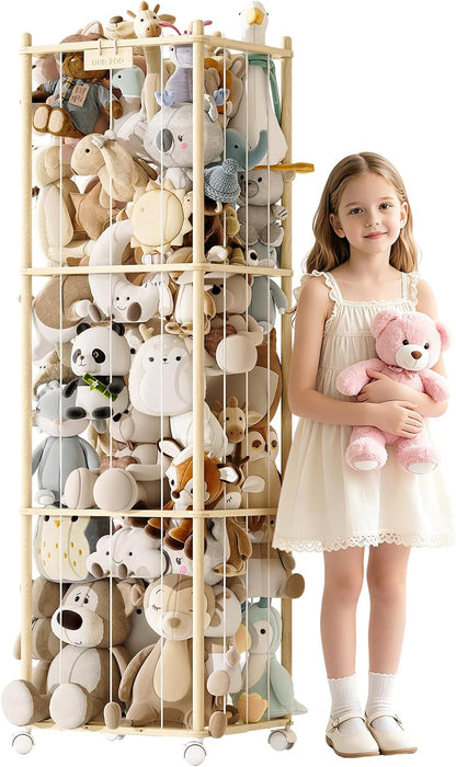 Stuffed Animal Storage Zoo with Wheels, Montessori-Inspired Solid Pine Wood Plush Toy Organizer, Tall Stuffed Animal Holder with Thick Elastic Cords for Kids Room, Nursery,and Bedroom,Large