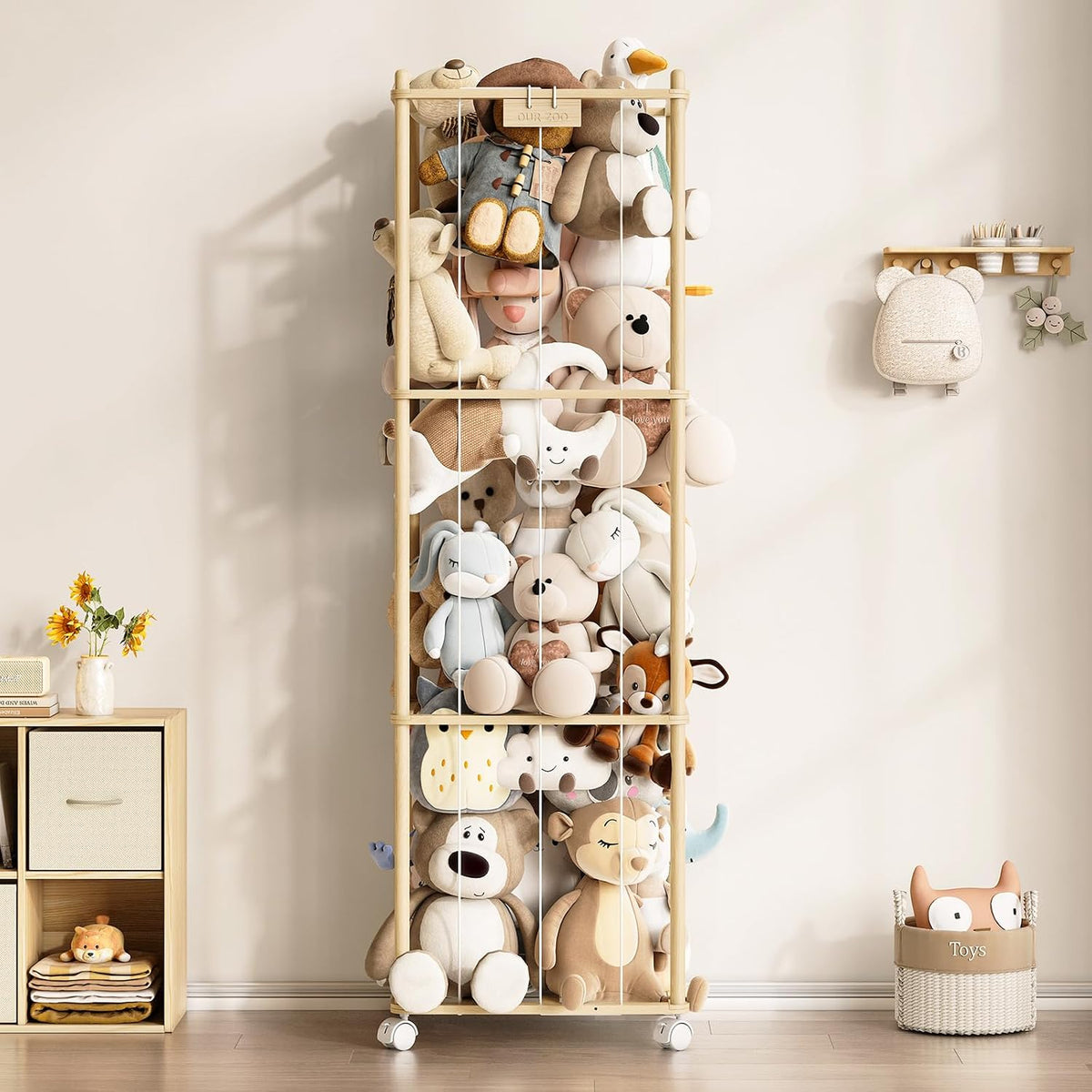 Stuffed Animal Storage Zoo with Wheels, Montessori-Inspired Solid Pine Wood Plush Toy Organizer, Tall Stuffed Animal Holder with Thick Elastic Cords for Kids Room, Nursery,and Bedroom,Large
