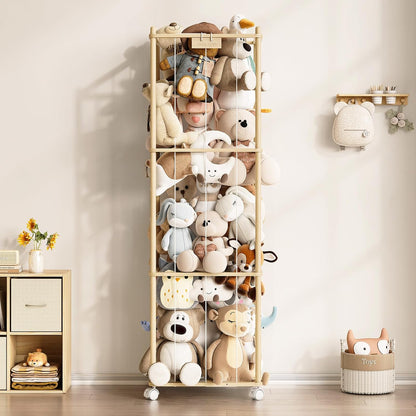 Stuffed Animal Storage Zoo with Wheels, Montessori-Inspired Solid Pine Wood Plush Toy Organizer, Tall Stuffed Animal Holder with Thick Elastic Cords for Kids Room, Nursery,and Bedroom,Large